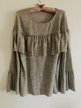 Easel Boho Ruffle Bell Sleeve Knit Top - Heathered Taupe - Size M